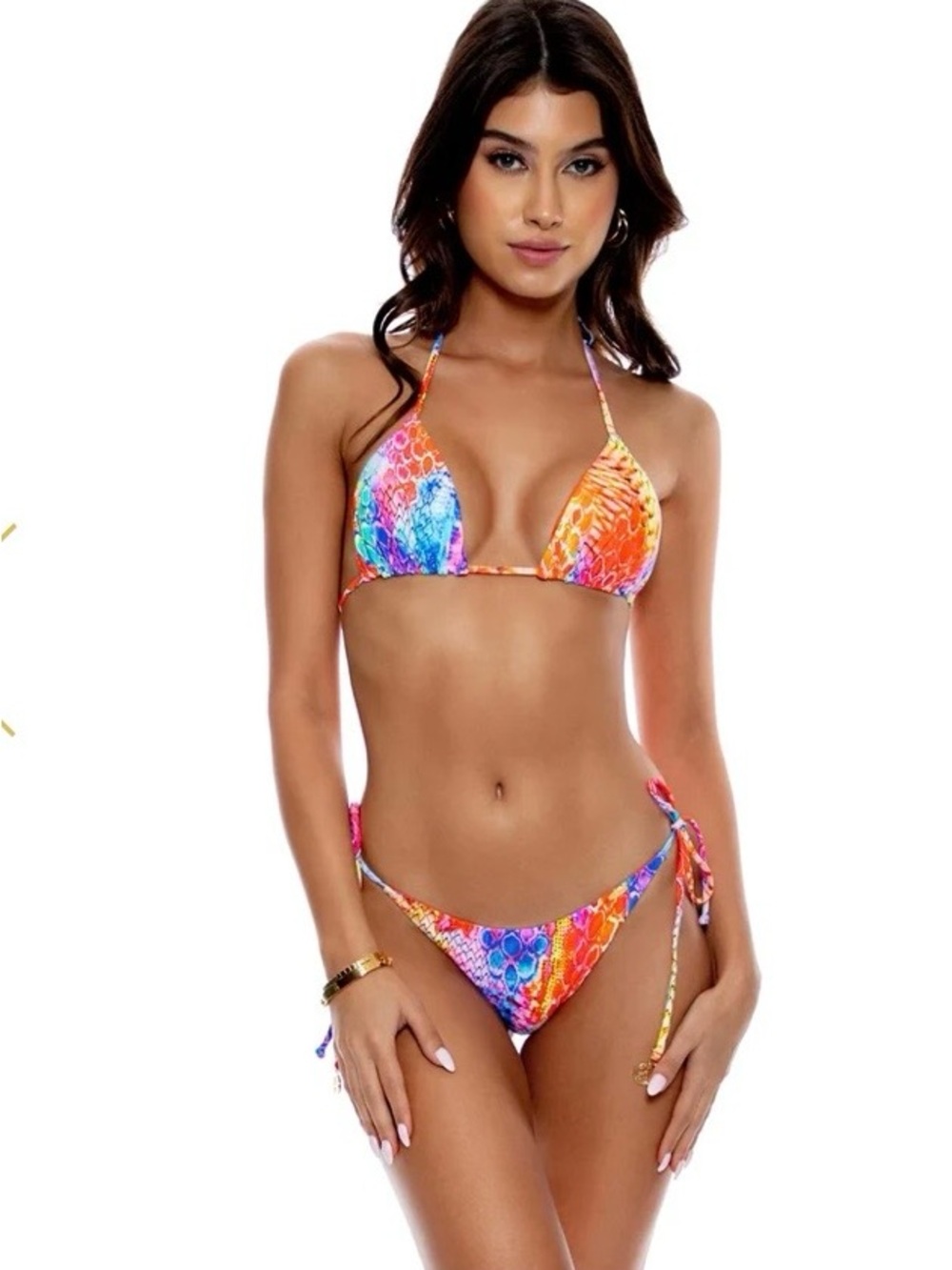 Luli fama Multicolor Tie-Side Triangle Bikini Top and Bottom - Vibrant Print